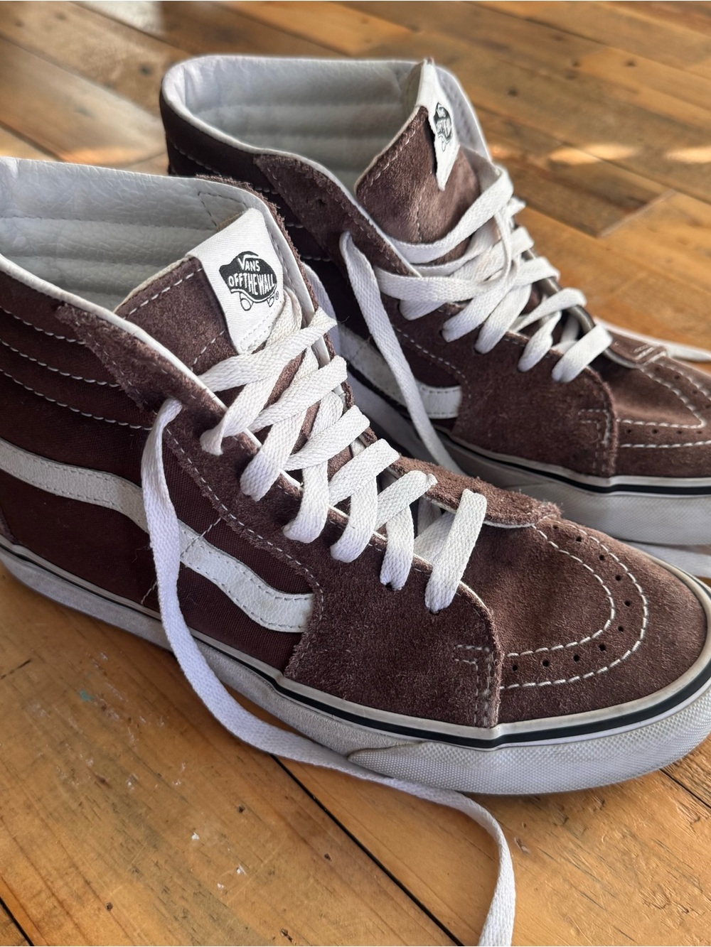 Vans Brown Suede Sk8-Hi High-Top Sneakers with White Stripe